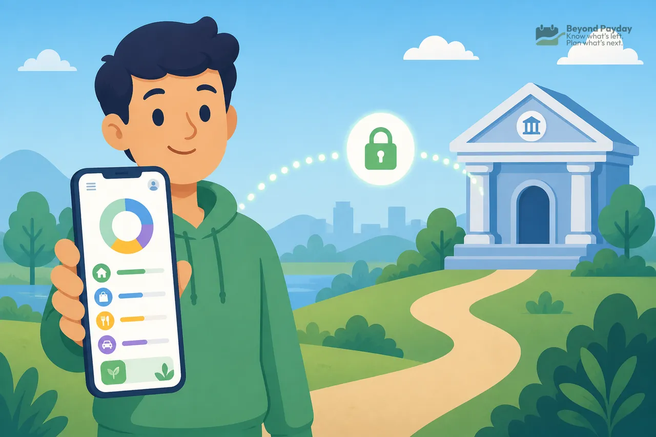 Young man holding a smartphone budgeting app, with a dotted line linking a padlock icon and a bank building