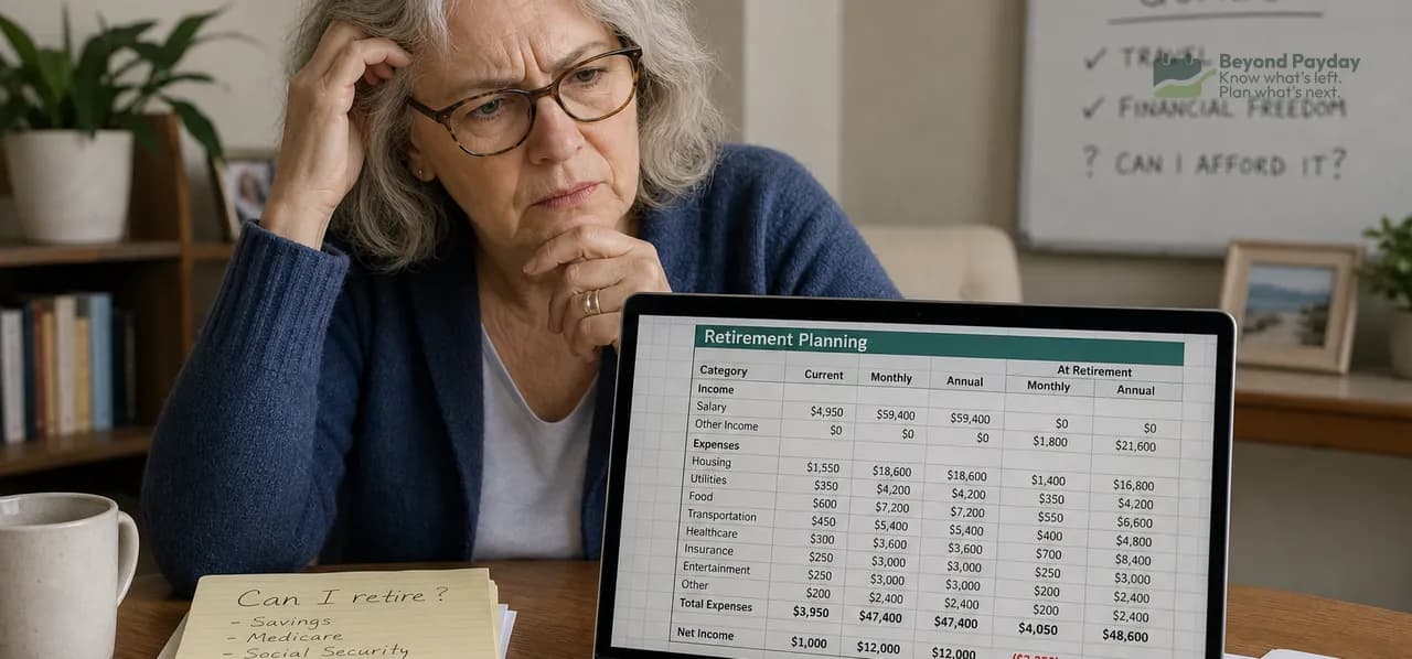Older woman with gray hair and glasses studying retirement planning spreadsheet on laptop, with handwritten notes about retirement concerns visible on desk beside her.