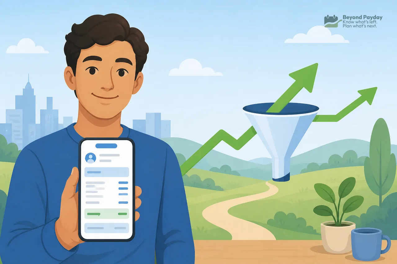Man in blue shirt holding smartphone with financial app displayed, with green upward trend arrows and a funnel icon in background landscape showing income growth and deductions concept.