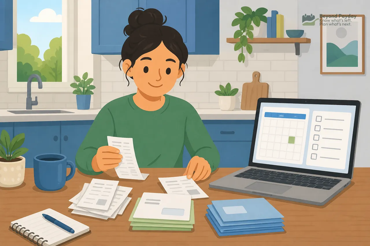 Woman in green shirt sitting at wooden table organizing papers and bills with a laptop displaying a checklist and calendar nearby.