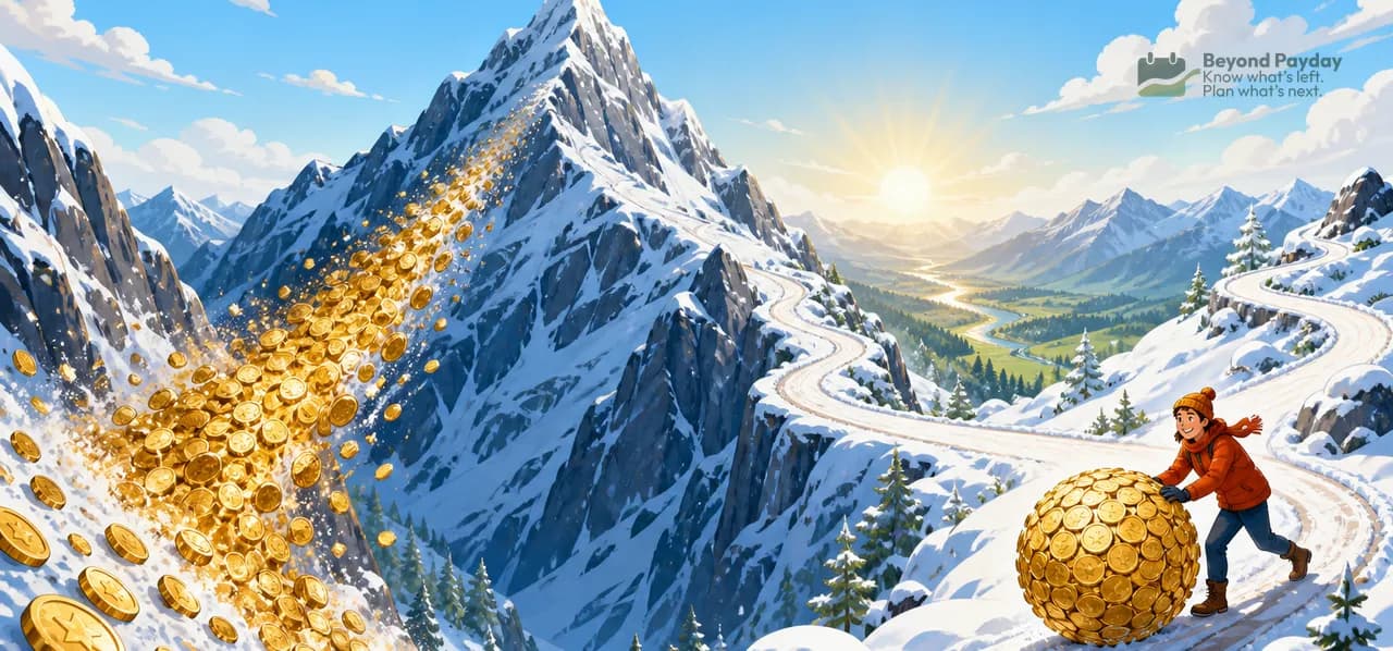 A person in a red jacket pushes a large golden coin sphere up a snowy mountain slope while coins cascade down the opposite peak, symbolizing wealth accumulation and financial growth against an alpine landscape.