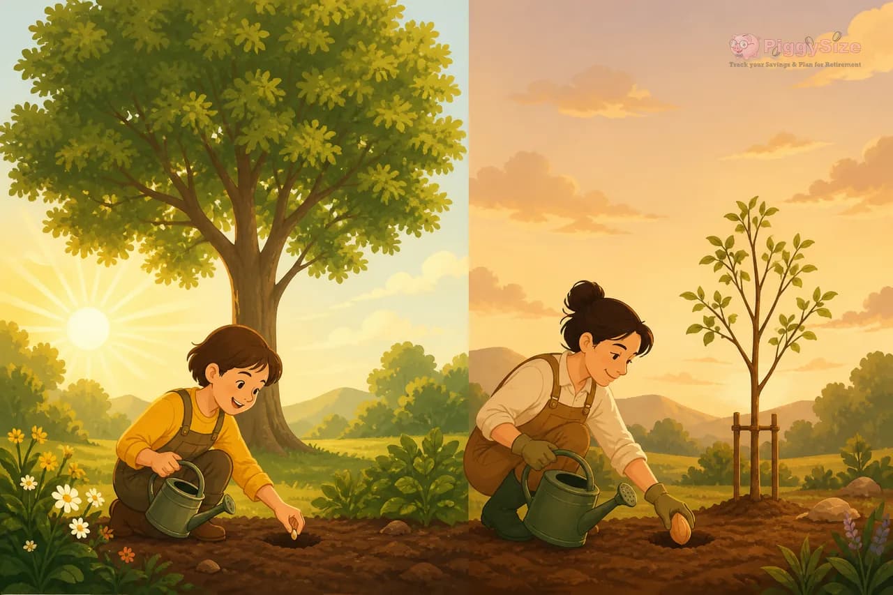 Two figures kneel in soil planting seeds at different times of day—one in morning sunlight with a small tree already sprouted, the other in afternoon warmth with a younger seedling—illustrating how early action yields greater growth.