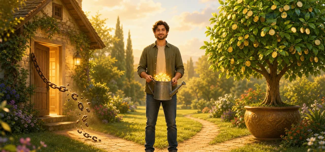 Man holding a watering can overflowing with golden coins stands in a sunlit garden between a cottage and fruit trees, with a broken chain at his feet.