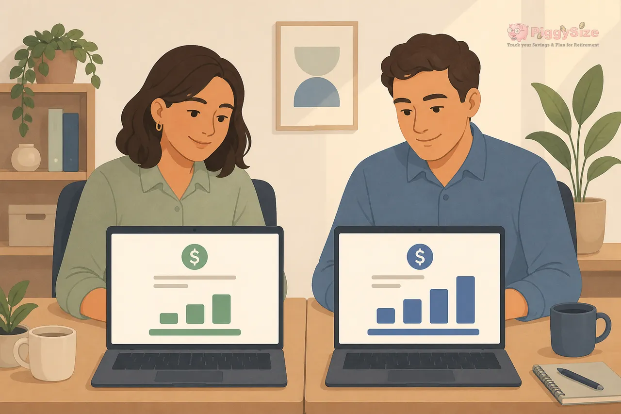 Two smiling coworkers sit at desks with laptops displaying dollar signs and green and blue bar charts, surrounded by potted plants and office supplies in a warm, minimal interior.